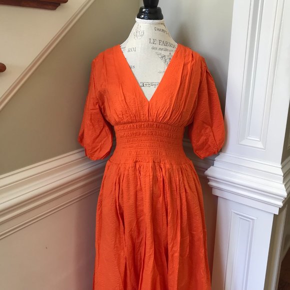 AYR Extra Extra Cotton Poplin Maxi Dress Womens Medium Orange V-Neck Smocked - Picture 4 of 12